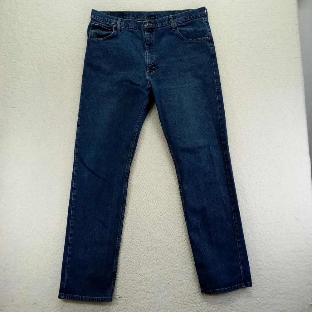 Wrangler Mens Dark Wash Straight Leg Jeans Size 38x34 Denim Cotton Spandex‎